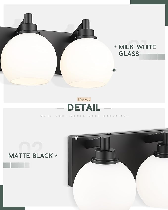 METWET Bathroom Light Fixtures, 4 Light Matte Black Vanity Light, 26 Inch - Image 3