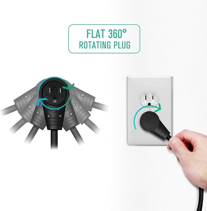 Nekteck 360° Rotating Flat Plug Extension Cord, 1 Foot, 14AWG 3 Prong, Low - Image 3