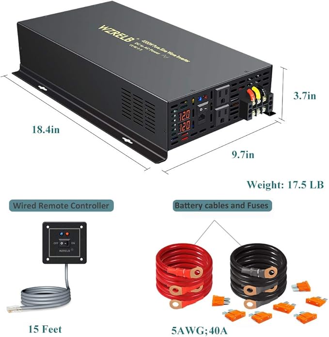 WZRELB 4000W 12VDC 120VAC Pure Sine Wave Power Inverter, 2 AC Outlets, Wired - Image 6