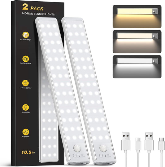 10.5" Under Cabinet Lighting, Wireless Motion Sensor Light Indoor with 3 Color Temps, Magnetic Closet Light, Dimmable Led Light, Rechargeable Under Counter Lights for Kitchen, Bedroom, Stair, 2 Pack