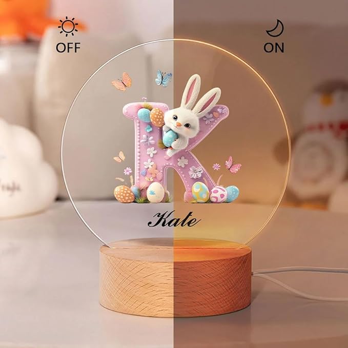 idooodle Personalized Pink Bunny Easter Egg 3D Initial LED Night Light - Image 2