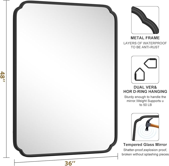 36 x 48 Inch Black Bathroom Vanity Mirror - Image 4