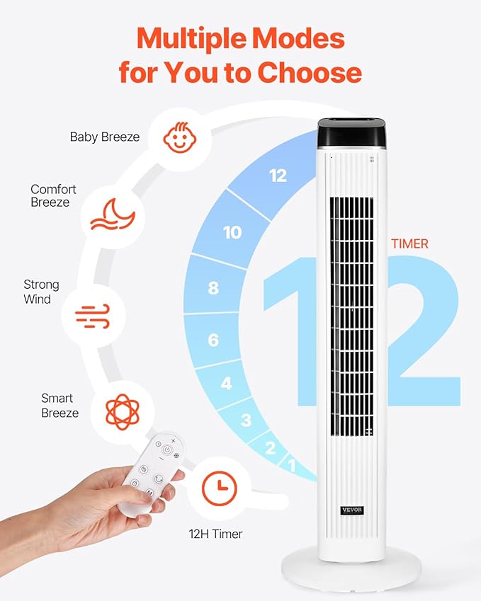 VEVOR Tower Fan, 22 ft/s Velocity Quiet Floor Fan, 70° Oscillating Fans - Image 6
