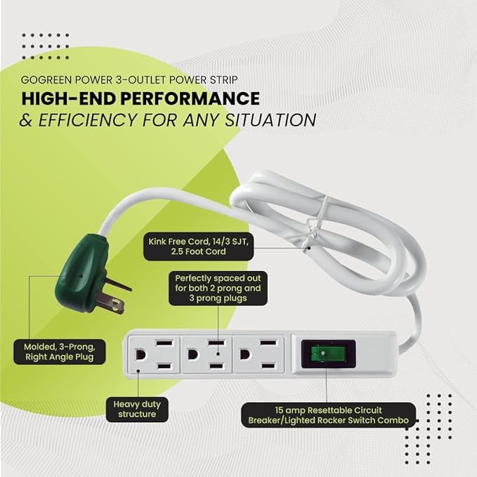 GoGreen Power Inc. 3 Outlet Power Strip, 2.5FT Cord, 2 Pack - Image 3