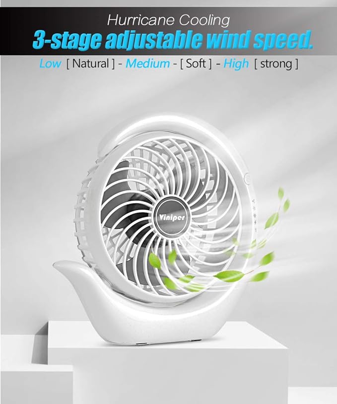 Viniper Portable Rechargeable Fan, Small Desk Fan : 3 Speeds & about 8-24 Hours - Image 4