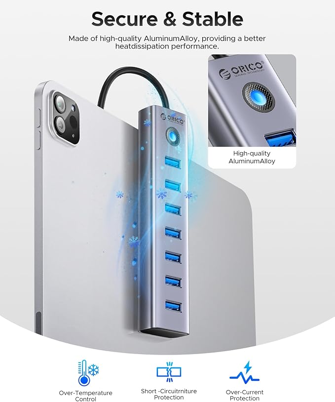 ORICO 7-Port USB 3.0 Hub, Aluminum USB Multiple Adapter, 5Gbps USB Extender USB - Image 8