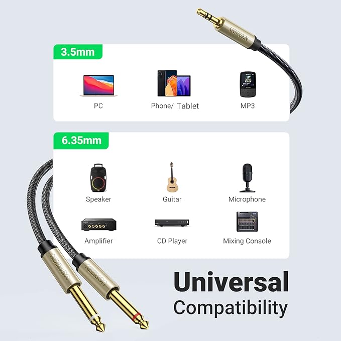 UGREEN 1/8 to 1/4 Stereo Cable 3.5mm TRS to Dual 6.35mm 1/4 TS Mono Y Splitter - Image 6