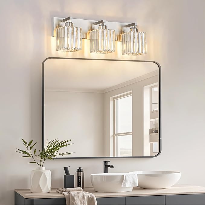 FDPBY Modern Vanity Light 3-Lights Brushed Nickel Vanity Light Crystal Bathroom - Image 8