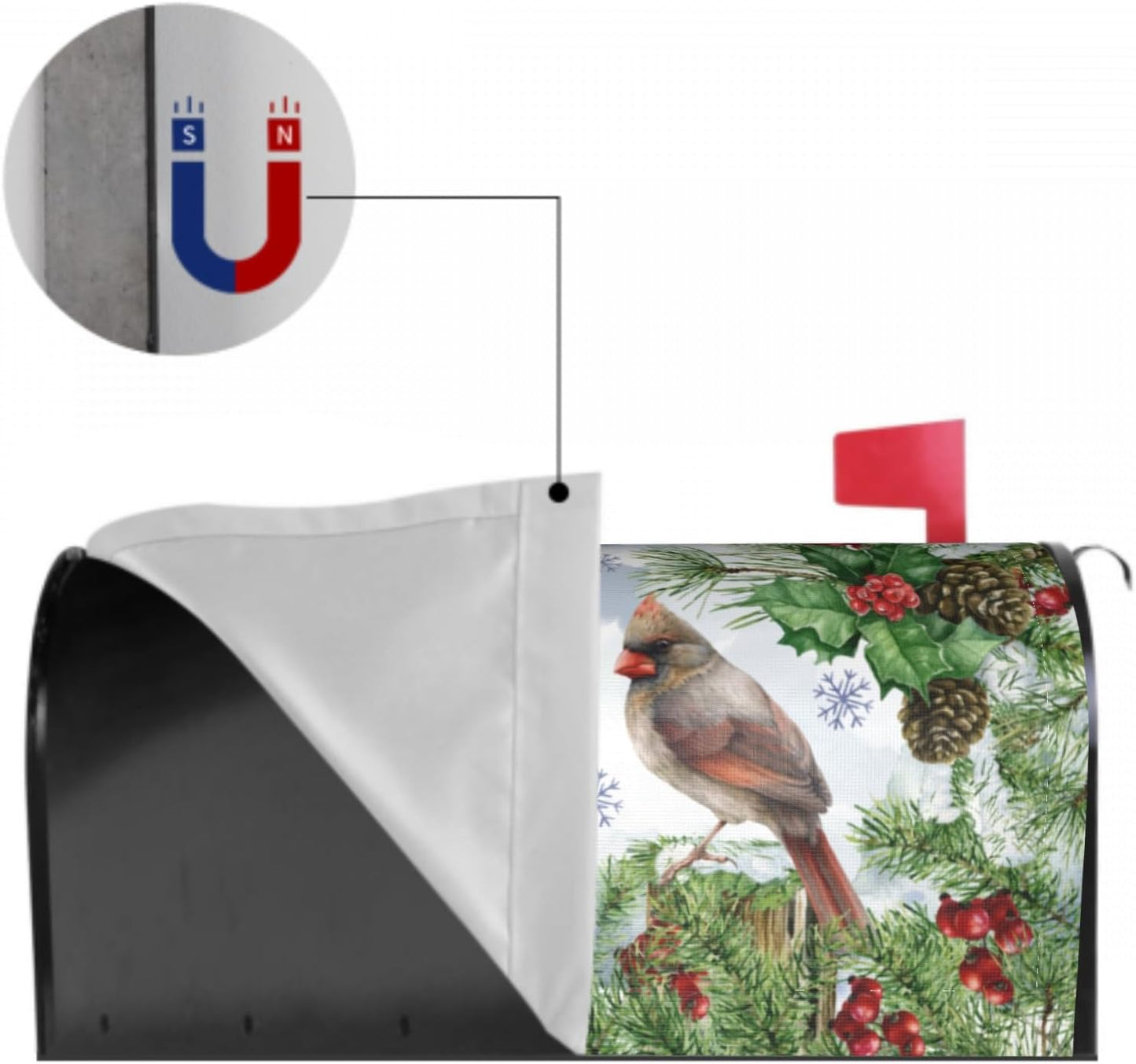 Winter Cardinal Christmas Mailbox Covers Magnetic Standard Size 18x21 Red Green Xmas Birds Holly Pine Print Decorative Mailbox Wrap Cover Holiday Decorations Outdoor Home Patio Garden Decor