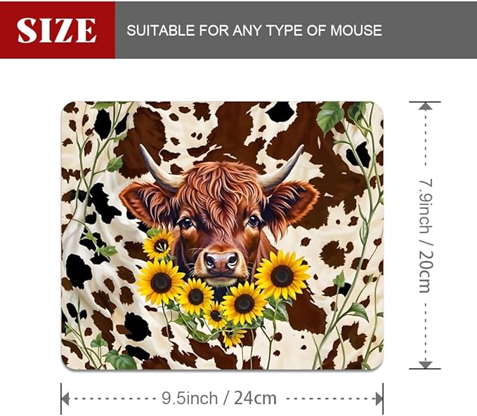 Western Highland Cow Sunflowers and Cowhide Brown Square Mouse pad, Waterproof - Image 2