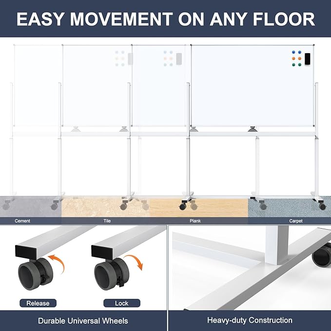 White Board on Wheels, 48 x 32 Inches Height-Adjustable Large Rolling Whiteboard - Image 4