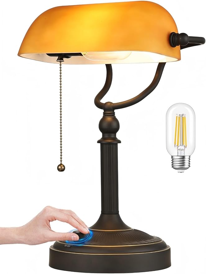 Newrays Matted Amber Glass Bankers Desk Lamp, Stepless Dimmable Table Lamp Plug by Newrays