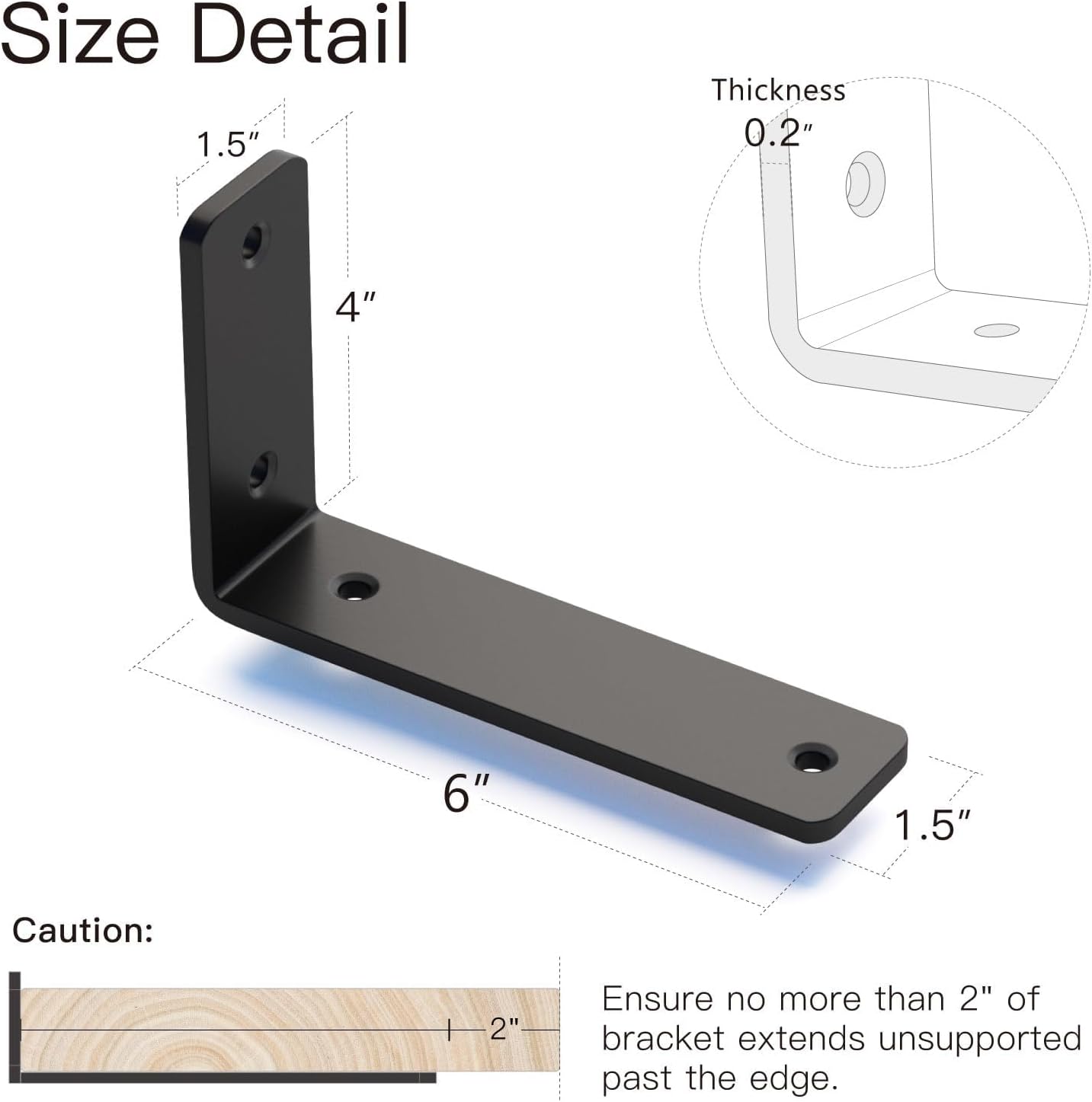 4 Pack 6 Inch Floating L Shelf Brackets for DIY, 1/5 Inch Thick, Black | Heavy Duty, Metal Wall Shelf Bracket, Powder Coated Steel, for Kitchen/Living Room/Dining Room/Laundry/Pantry