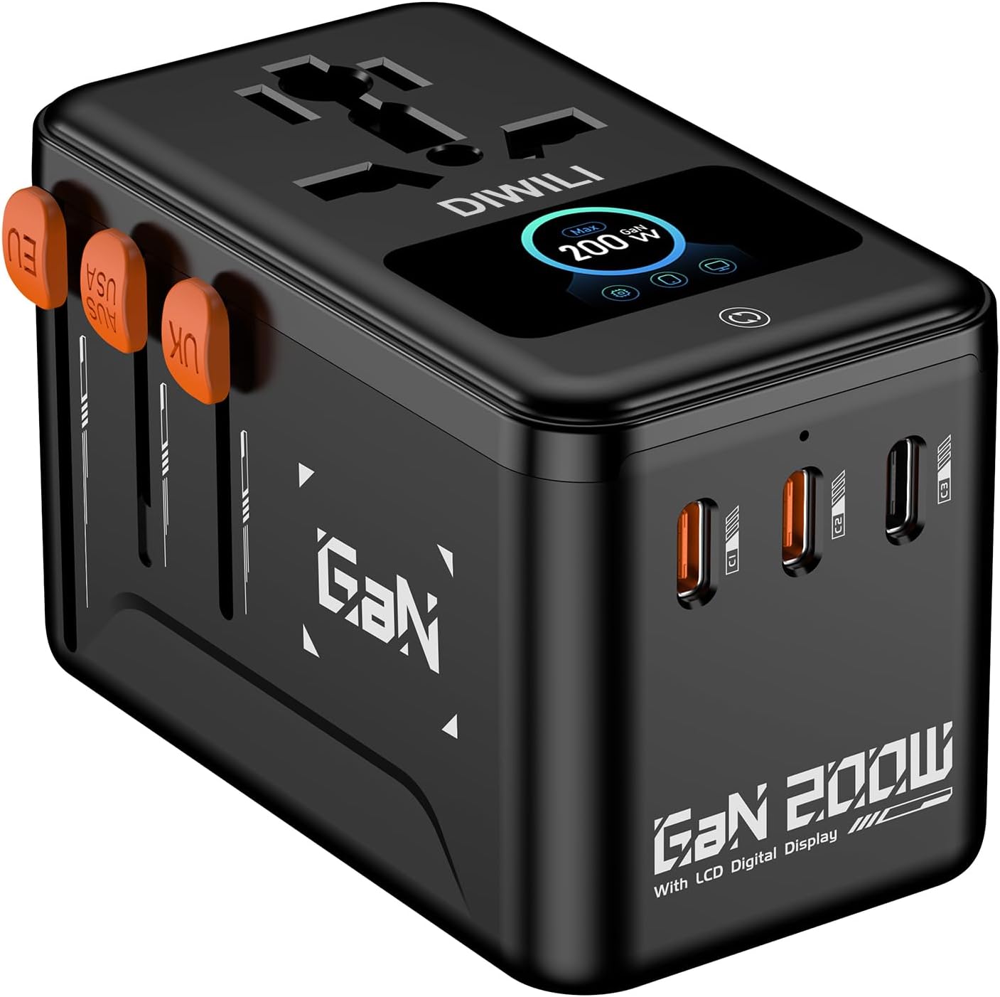 200W GaN Universal Travel Adapter with Smart Display for EU/US/UK | USB-C Fast Charging for MacBook iPhone Laptop, 1AC/3USB-C/1USB-A, International Power Adapter for 200+ Countries Travel