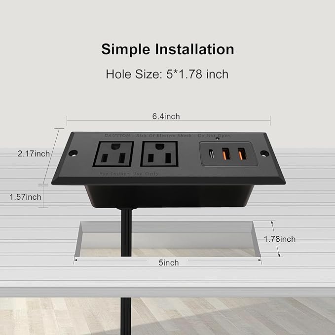 20W Recessed Power Strip USB C Fast Charge Desk Power Outlet Type C Flush - Image 2