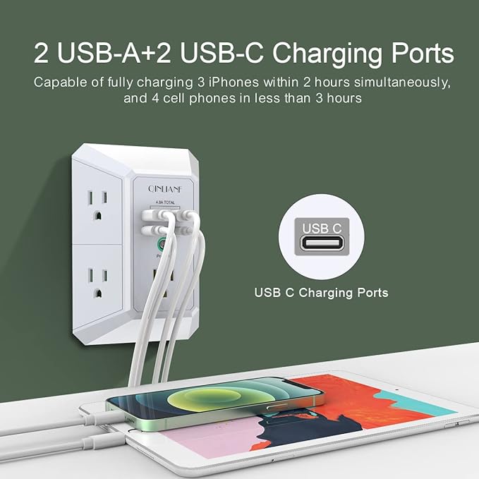 USB Wall Charger, Surge Protector, QINLIANF 5 Outlet Extender - Image 2
