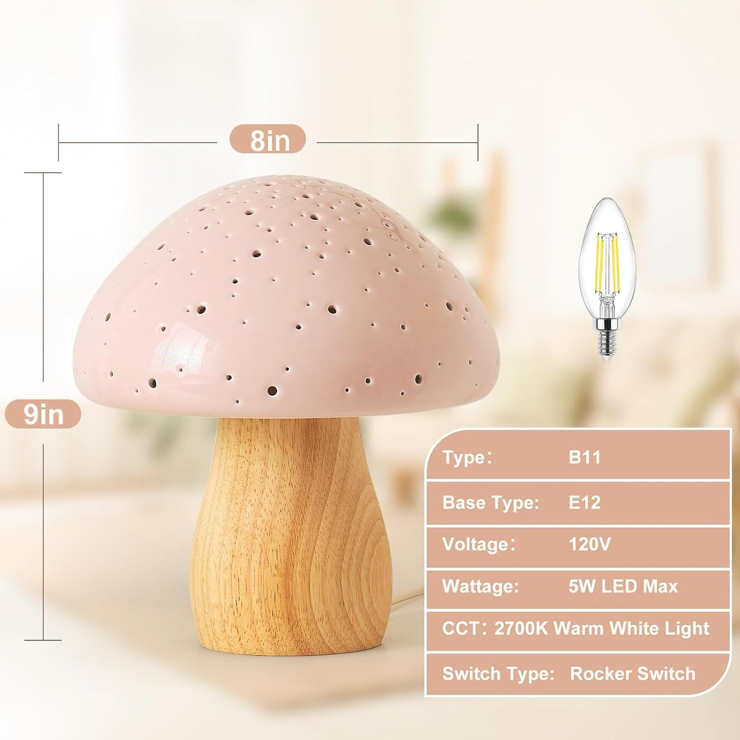 BOHON Mushroom Lamp Ceramic Bedside Table Lamp, Pink | Vintage Cute Night Light Small Aesthetic Nightstand Lamp for Living Room Bedroom Kids Desk Home Decor, LED Bulb Included
