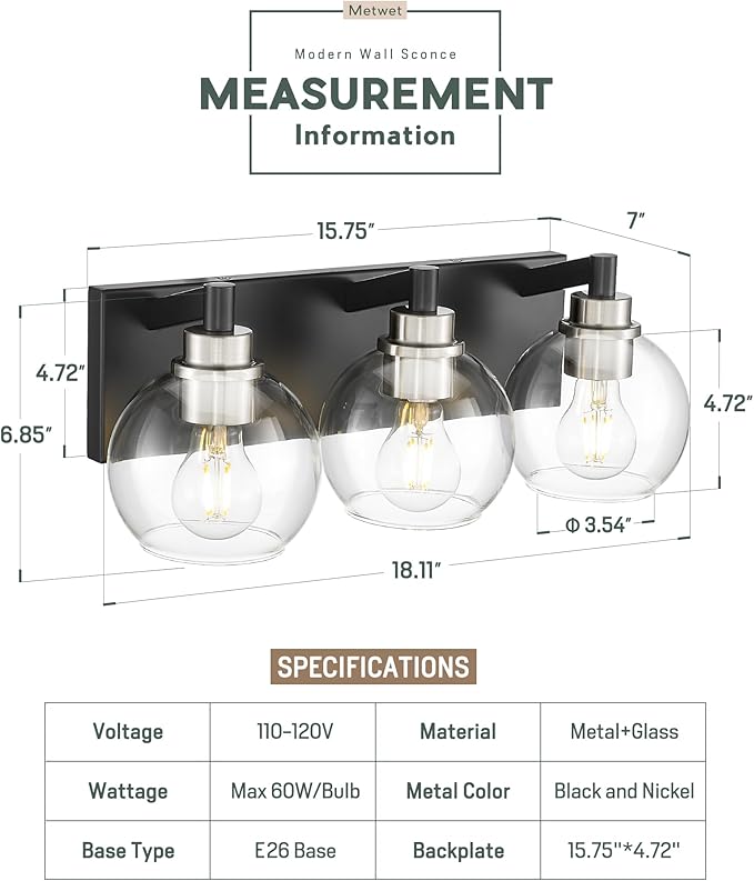 METWET Bathroom Light Fixtures, 3-Light Black and Brushed Nickel Bathroom - Image 3
