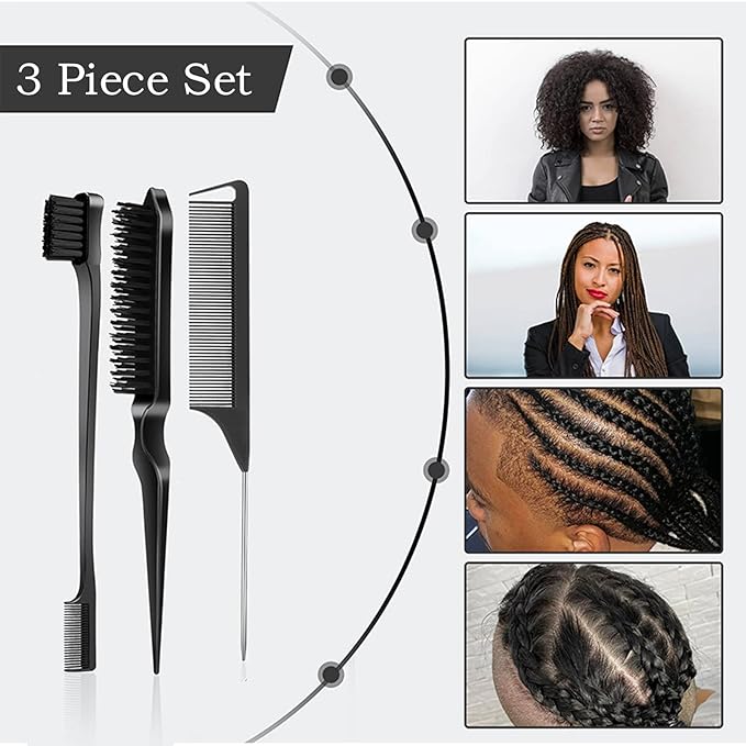 SWEET VIEW 3 Pcs Slick Back Hair Brush, Rat Tail Comb, Edge | Bristle Brush - Image 3