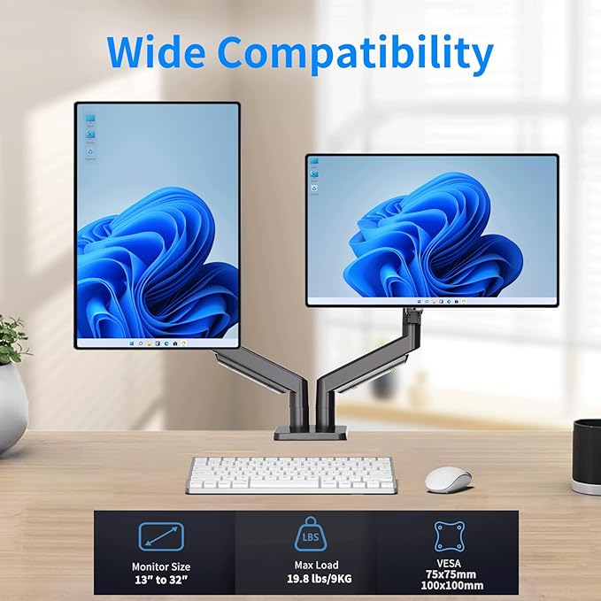 Dual Monitor Stand for 13 to 32 inch Screens, Gas Spring Monitor Arm - Image 2