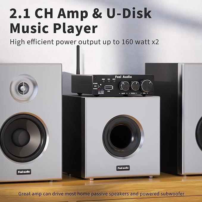 Fosi Audio BL20C Bluetooth 5.0 Stereo Audio Receiver Amplifier 320 Watts 2.1 CH - Image 3
