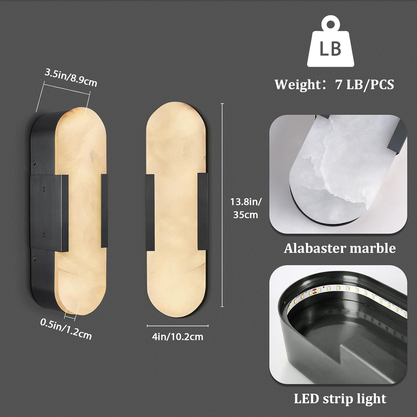 Alabaster Wall Sconces Set of 2, 13.8" Black Natural Marble Wall Sconce, Hardwired Bathroom Vanity Lights, Modern Indoor Wall Lighting for Bedroom, Living Room, Hallway, Stairs, 3000K Warm Light