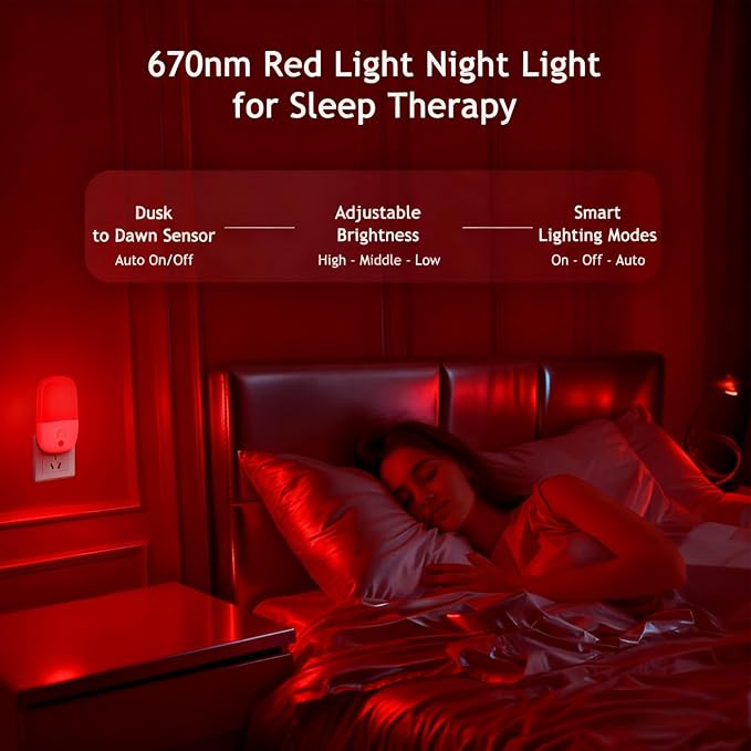 670nm Red Light Night Light for Sleep Therapy, 2 Pack Auto On/Off Dimmable - Image 2