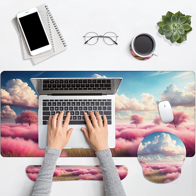 Britimes Dreamy Clouds Pink Plants Keyboard Mouse Pad Set 4in1 Large - Image 6