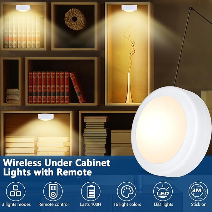 Yiliaw 3 Pack LED Puck Lights Remote Control 16 Color Changeable Under Cabinet - Image 2