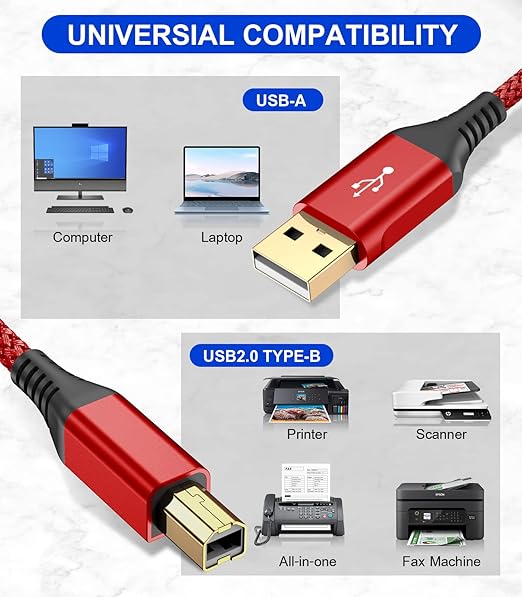 sweguard Printer Cable 10ft, USB 2.0 USB-A to USB-B Cord, High Speed Nylon - Image 2