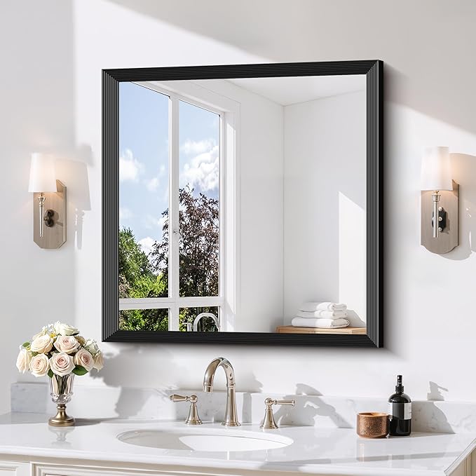 Black Bathroom Mirror 30 x 30 Inch Rectangle Wave Beveled by DESBING