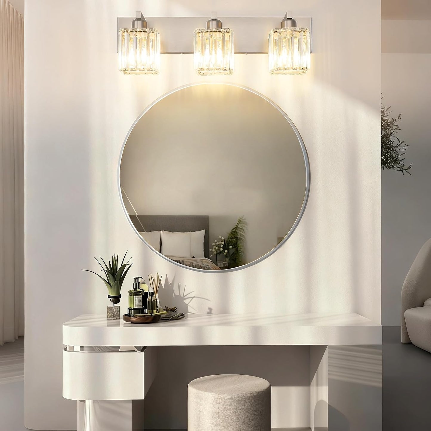 Aipsun Brushed Nickel Vanity Light Bathroom Lighting Fixtures 3 Light Crystal Modern Bathroom Vanity Light (Exclude Bulb)
