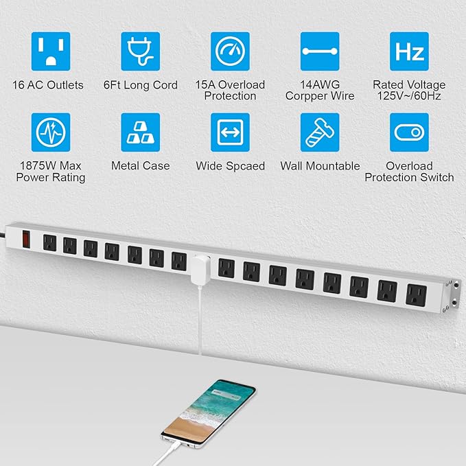 JUNNUJ Metal 16 Outlet Power Strip, Mountable Heavy Duty Power Strip, 1200J - Image 2