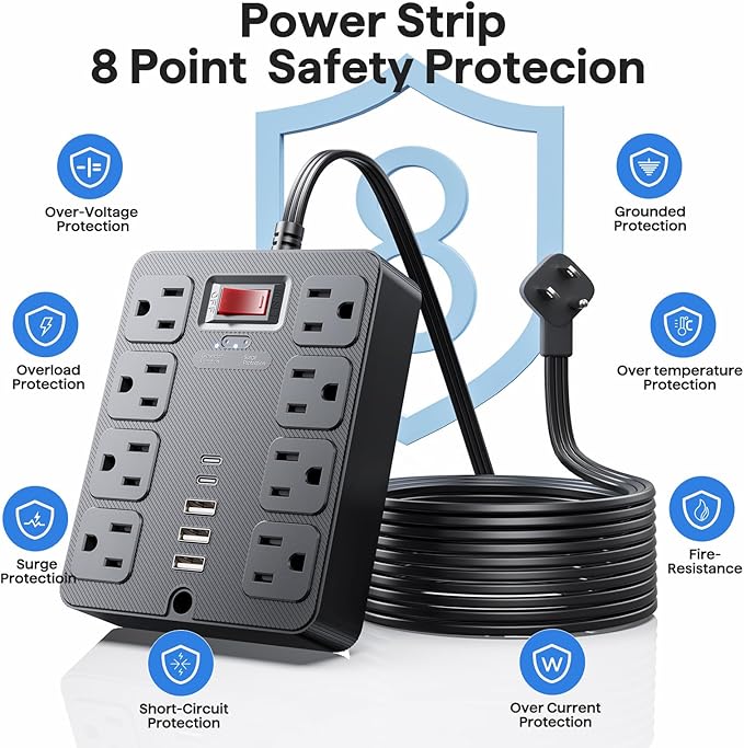 13 in 1 Surge Protector Power Strip Flat Plug 8 Widely AC Outlet 3 USB Ports - Image 9