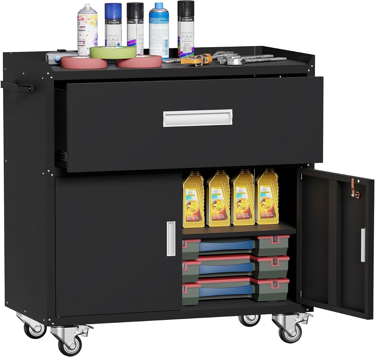 washsemba metal garage storage cabinet with wheels,lockable rolling shown in use
