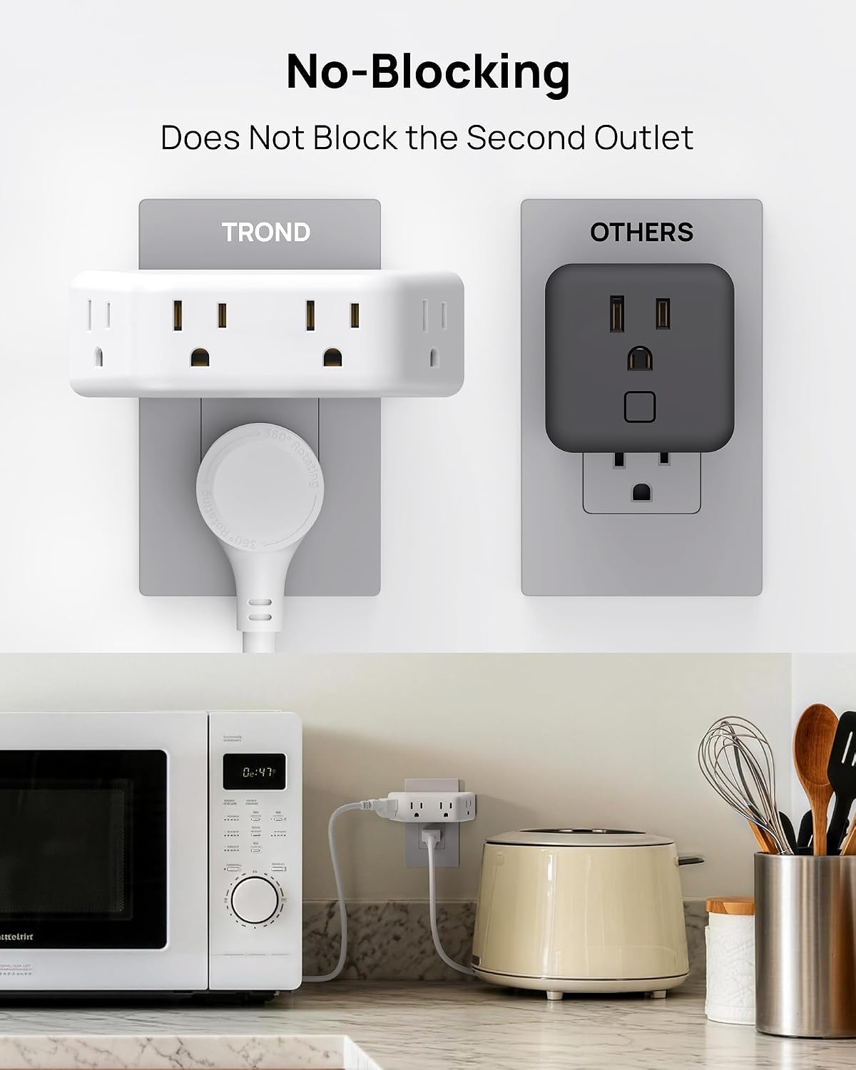 TROND Outlet Extender Surge Protector, Multi Plug Wall Outlet, White | 4 Grounded Sockets, 3 Way Angled Plug Adapter, Space-Saving, 900J, Electrical Wall Splitter for Bathroom Kitchen Office