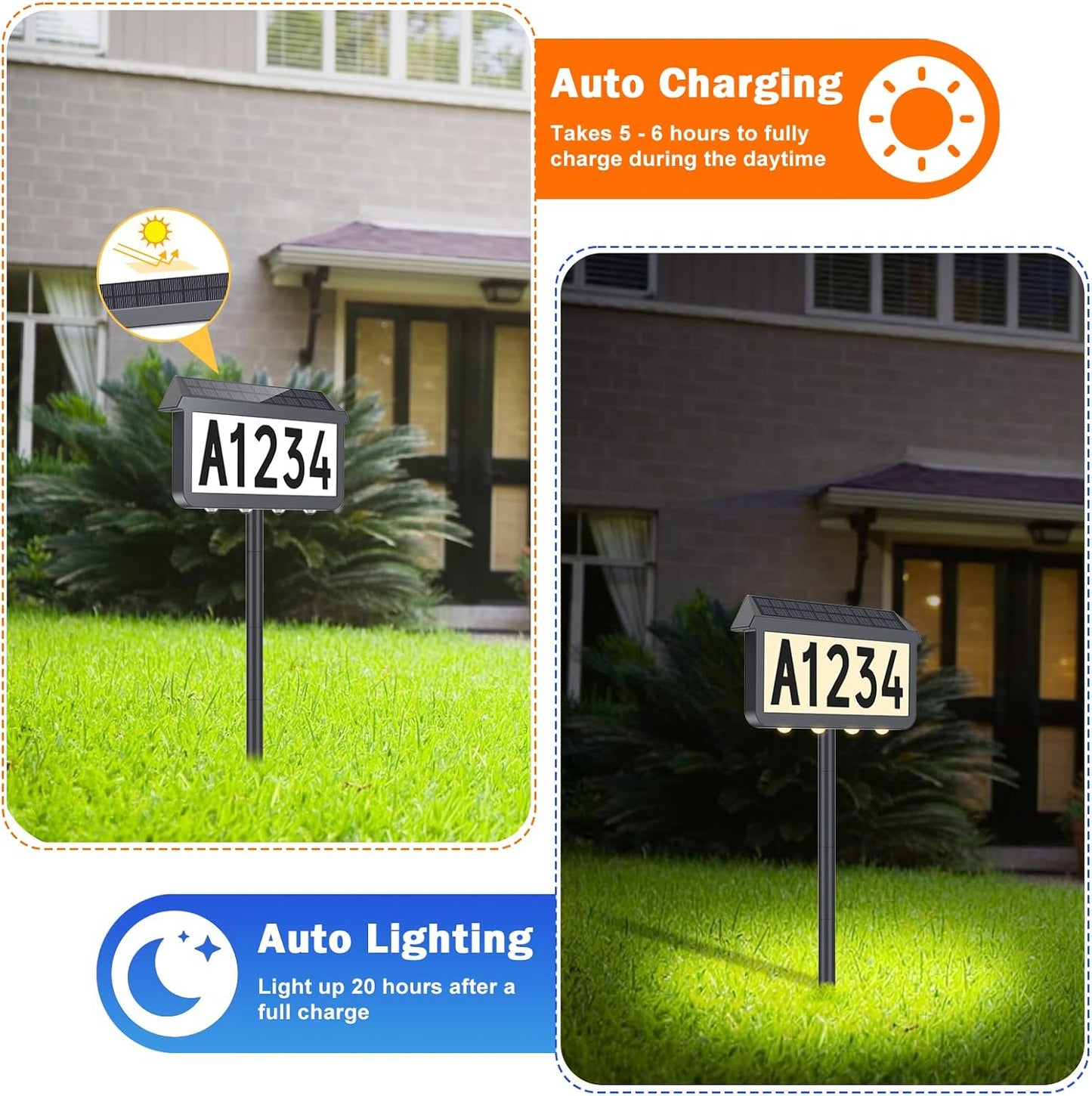 Solar Address Signs, House Number for Outside Waterproof, 3-Color LED Illuminated Address Plaques with Stake, Wall Mounted Solar Powered Light Up Address Numbers for Houses, 1-Pack, Grey