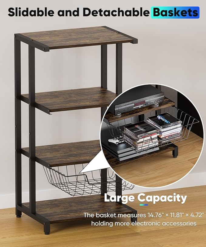 Ardier Media Stand with Detachable Baskets, 4-Tier AV Media Stand Corner Shelf - Image 5