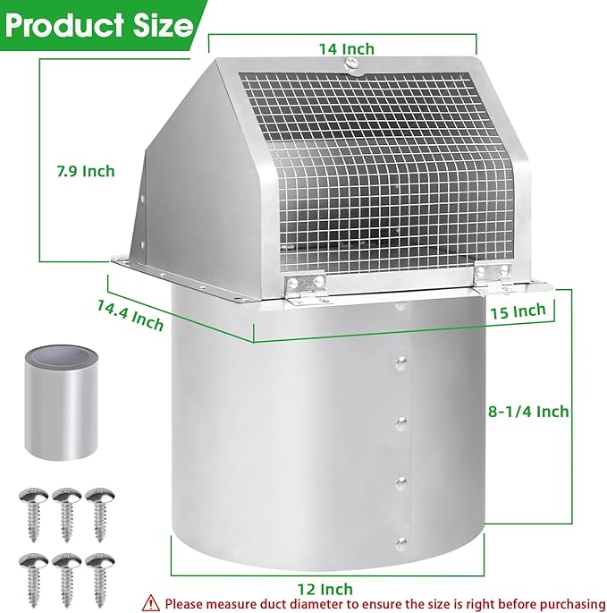 12 Inch Hooded Wall Vent with Screen and Damper, Outdoor Wall Exhaust Vent - Image 2