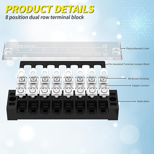 Joinfworld Terminal Block 25A 600V Dual Row Screw Terminal Strip - Image 3