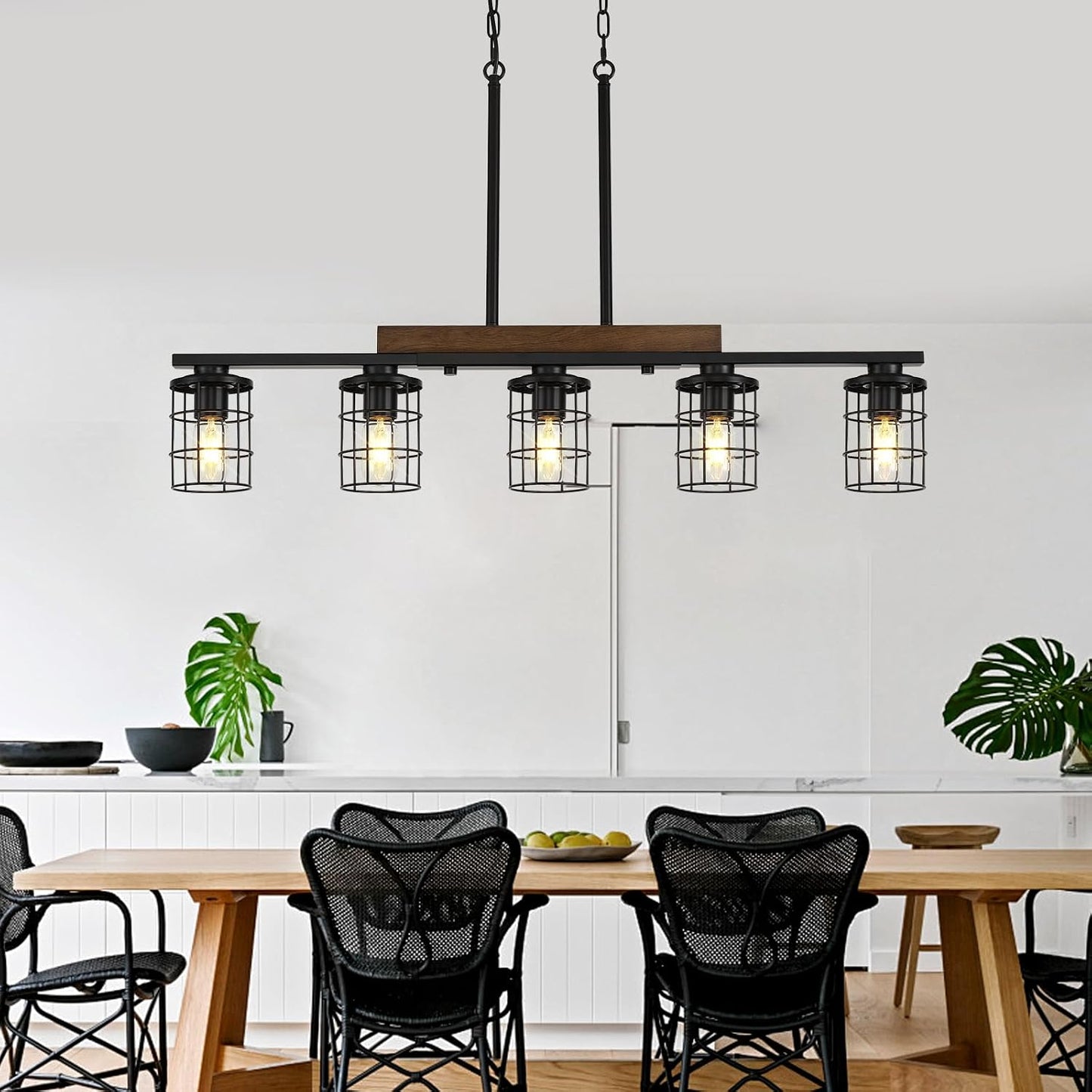 LmnLvn 5-Light Farmhouse Kitchen Light Fixture, Rustic Wood & Metal Cage | Black Hanging Kitchen Chandelier,Adjustable Hanging Height,Ideal Pendant Light over dining table and kitchen island