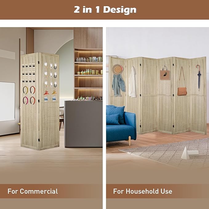 ECOMEX 6 Panel Room Divider, 5.6Ft Pegboard Display Wooden Folding Privacy - Image 2