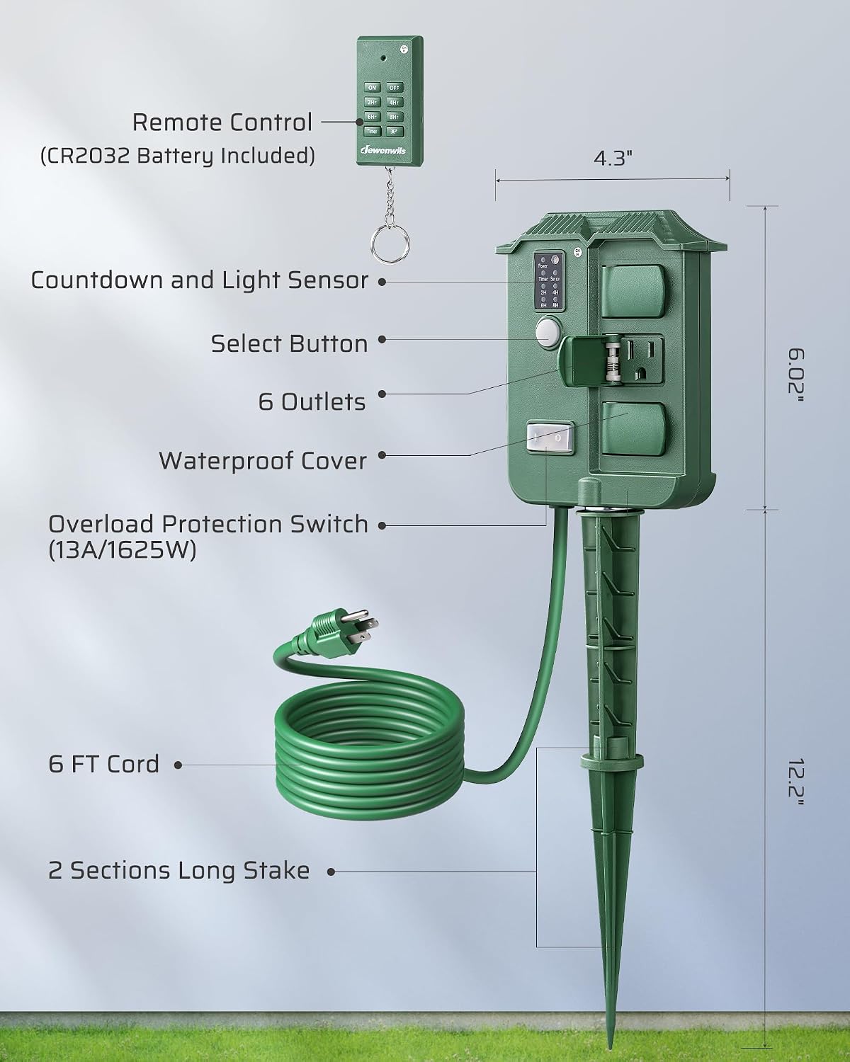 DEWENWILS Outdoor Power Stake Timer with Remote Control, Dusk to Dawn Timer | Waterproof, 6 Grounded Outlets, 6FT Extension Cord, 100FT Wireless Remote Control, Ideal for Lights, Yard, Garden, UL Listed