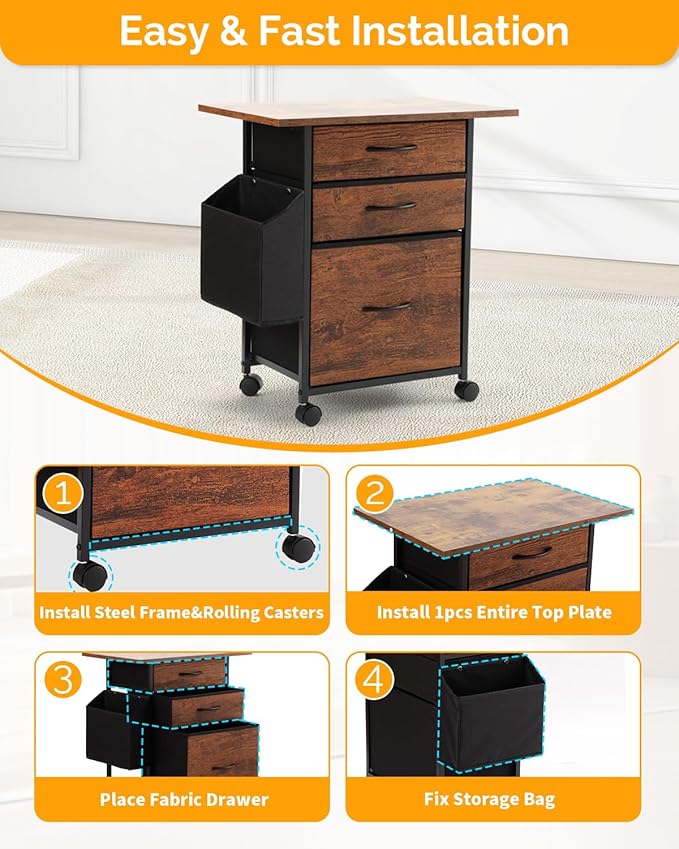 KATHY&BOB Printer Stand with 3 Fabric Drawer, Mobile File Cabinet - Image 4