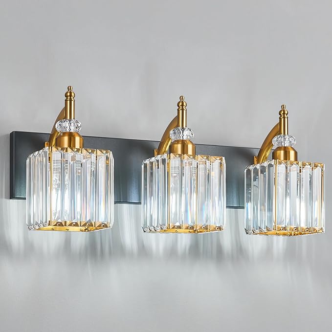 BBLLWJ Modern Bathroom Vanity Light 3-Light Black and Gold Crystal Light by BBLLWJ