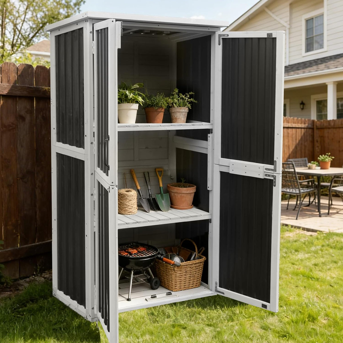 5ft outdoor storage shed with 3-level adjustable shelves, main product view