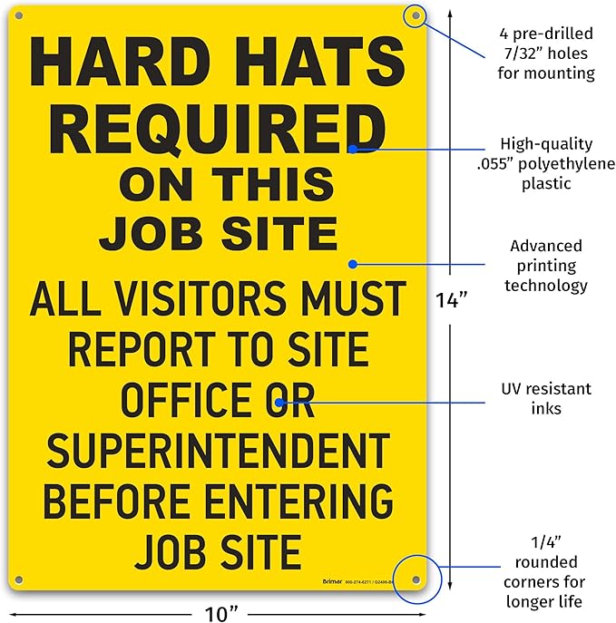 Brimar - 10" x 14" - Hard Hats Required on Job Site Sign - .055″ Polyethylene - Image 2
