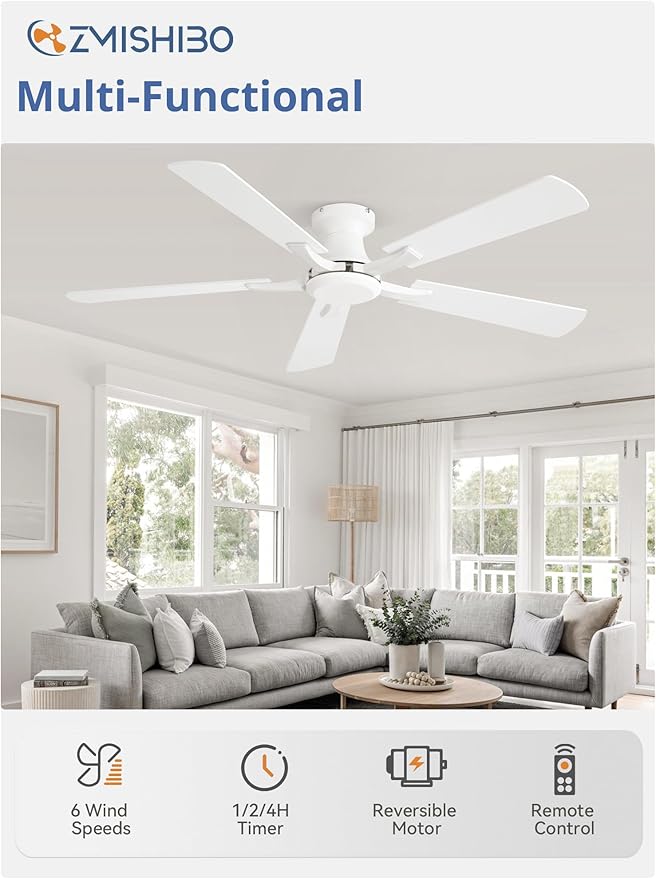 ZMISHIBO 52 Inch Ceiling Fan No Light, Flush Mount Low Profile, Modern White - Image 2