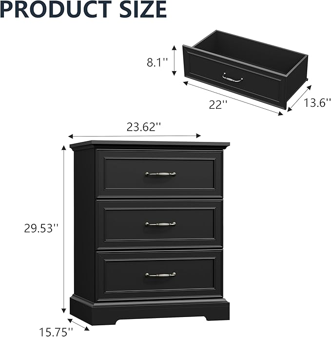 Nightstand with 3 Large Drawers, Rustic Farmhouse Wood Small Dresser, Bedside - Image 2