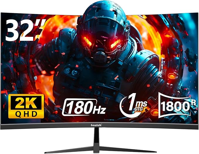 Gawfolk 32 Inch Curved Gaming Monitor, 180Hz QHD 2K Computer Monitor by Gawfolk